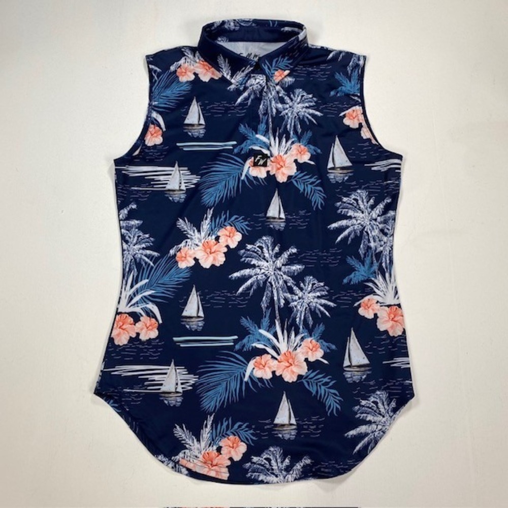 Full Wedge Golf Womens Sleeveless Polo Shirt Navy‎ Tropical Sailboat Floral Med